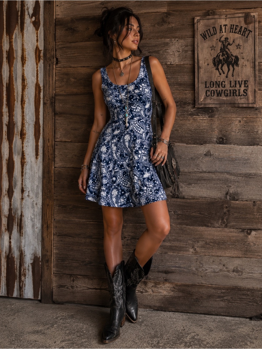Sleeveless Navy Paisley Mini Dress